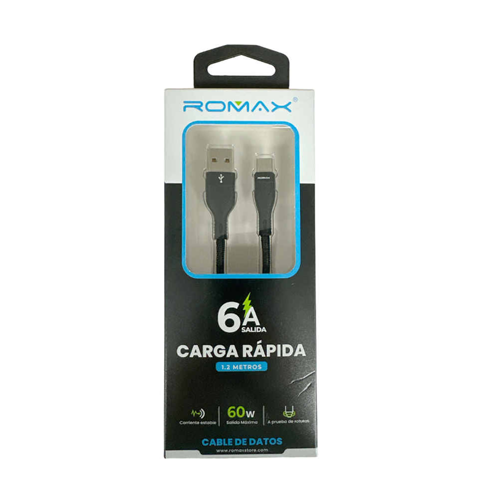 Cable 6A Tipo USB-C 60w 1.2 Metros Negro