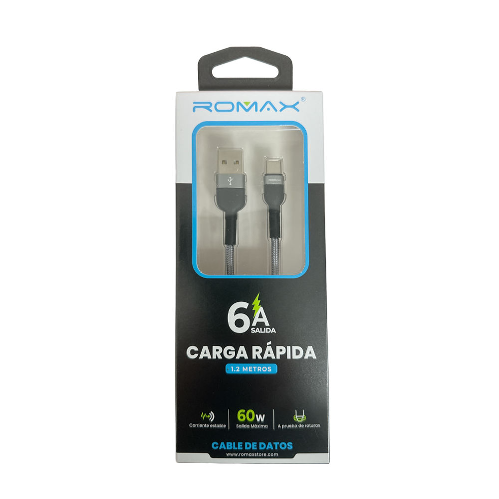 Cable 6A Tipo USB-C 60w 1.2 Mts Gris
